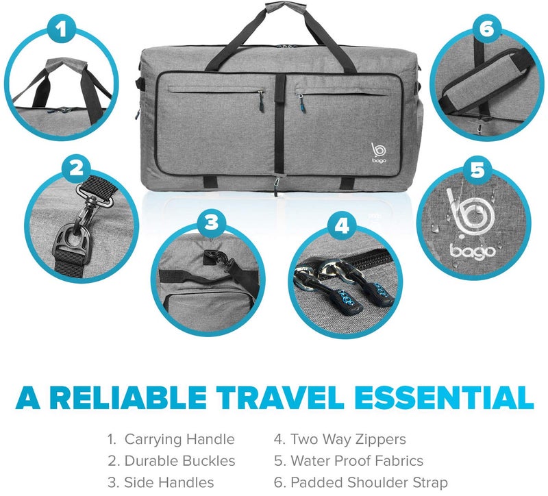 Bago Large Foldable Duffel Bags for Traveling Women & Men - 100L Packable Duffle Bag for Travel with Shoe Compartment - Water Repellant, Heavy Duty, Lightweight Folding & Collapsible (SnowGray) - Image 3